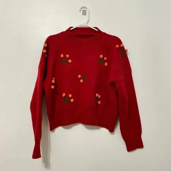 Source Unknown - Novelty Cherry Embroidered Soft Burgundy Red Cropped Sweater - Picture 4 of 8